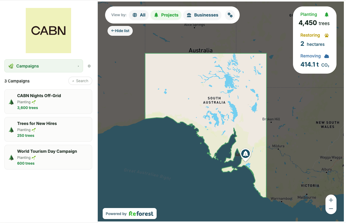 CABN impact dashboard showing planting, restoring and carbon removal figures across South Australian projects