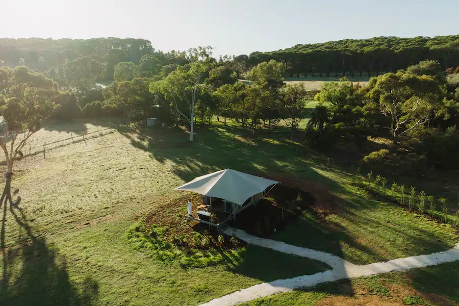 Aerial view of an off grid cabin among native trees and open grassland